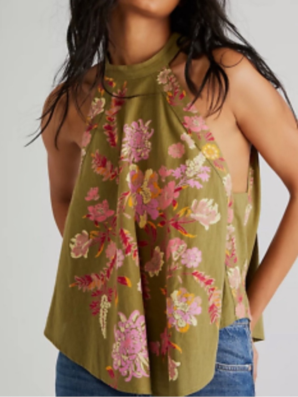 Free People Olive Green Floral Halter Tank with  Tie Neck Detail